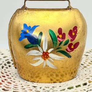 Vintage hand painted Swiss Cow Bell | Metal Gold Floral Bell | School Bell | Tea Bell | Dinner Bell | Animal Switzerland bell