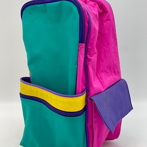 vintage des années 1990 vert jaune rose violet couleur bloc sac à lunch en vinyle avec poignées/trousse de toilette/sac à main | sac color block | trousse de maquillage rétro