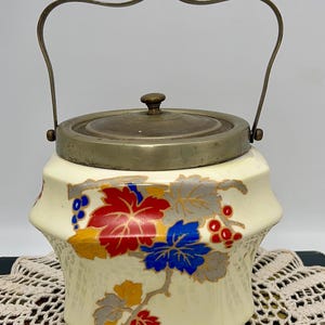 1930&#39;s British Porcelain Biscuit Barrel with leaf design & Chrome metal jar and lid | Antique Biscuit Jar Barrel | Cookie Jar