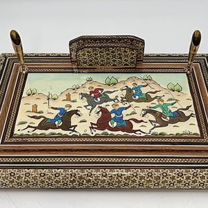 porte-stylo Khatam peint à la main persan vintage || vintage Khatam Kari porte-stylos et porte-cartes Five Polo Players | accessoires de bureau vintage