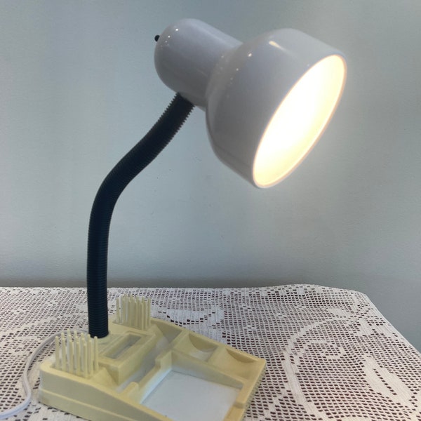 Vintage Gooseneck metal and plastic desk lamp with accessories storage | adjustable neck table lamp | writers lamp | task lamp ||