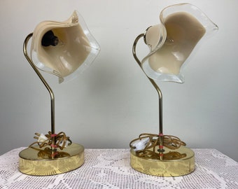 Vintage Cream Murano Vetri glass flower and brass plated metal frame table lamp || Vintage accent lamp ||  Lamp No.2 of the two lamps ||