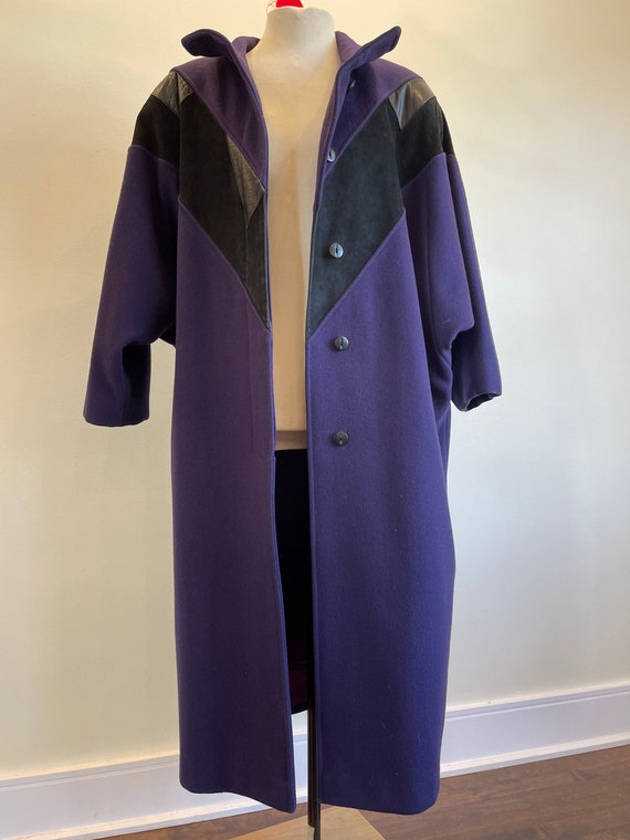 VINTAGE full length wool coat - leather/suede trim