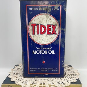 RARE 1940s era TIDEX Motor Oil Old Tidewater Veedol Canadian Imperial gallon Can | Advertising Oil Can - Empty | vintage can TIDEX oil