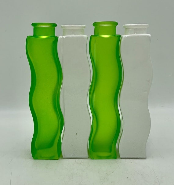 Vintage 1990's Circa IKEA SKAMPT Vases Squiggle | Ikea White & Green Glass Vases | Set of 4 | Ikea Squiggle Vases | Ikea Wavy Vases