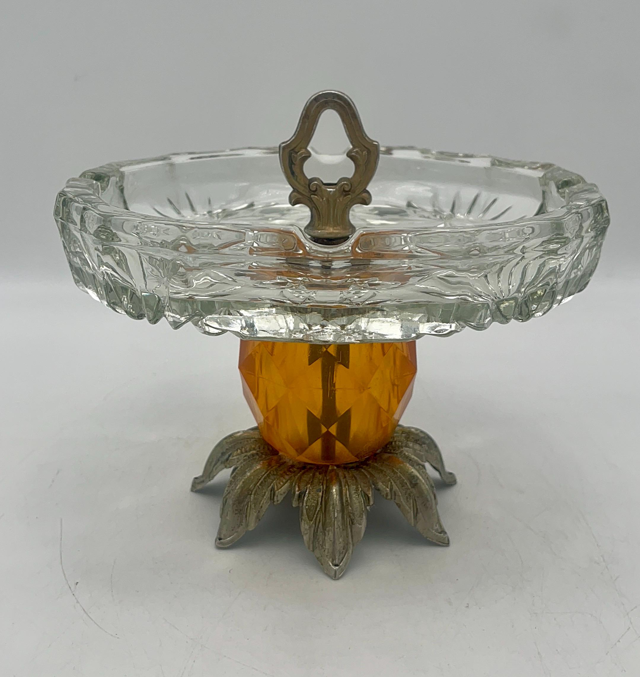 Vintage Crystal cut ashtray on brass and acrylic pedestal | Brass foot - acrylic stem and glass top ashtray | Vintage brass pedestal ashtray