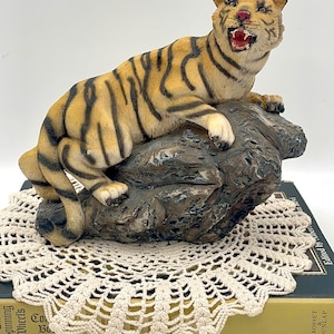 vintage tiger figurine resting on a rock-like base |resin tiger Sculpture | Tiger Stalking statue | tabletop tiger statue | animal statue