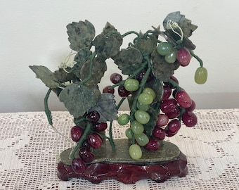 Vintage jade stones and alabaster stones grape tree sculpture | Grape vine bonsai tree | carved stone grape bonsai tree | Asian sculpture ||