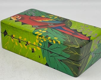 Vintage Painted Parrot Wood Keepsake Box