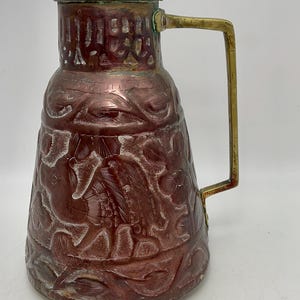 Middle Eastern Copper with a brass Handled jug/pot Embossed with patterns, leafs, mythical Creatures | water jug | decorative pitcher copper