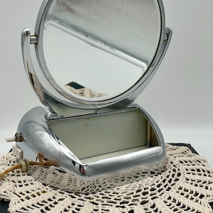 Mid-century modern ACME Chrome Lighted Shaving Mirror 2 Sided | Art Deco Streamlined Acme Chrome Lighted Shaving Vanity Make-up 10x Mirror