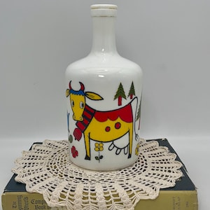 Vintage Egizia Italy White Glass Milk Bottle with Cow Design Italy bottle milkglass cow scenery pattern - milkglass milk bottle