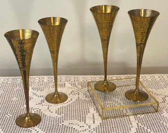 Set of 4 glasses | Vintage hammered R.H. Brass champagne flutes | Vintage brass wine glasses | host gifts | Brass champagne glasses