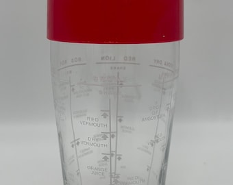 Vintage Cocktail Shaker with Recipes, Red Top Glass Barware