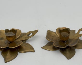 Set of two brass floral candlestick holders finger ring holder I Brass flower Chambersticks I Brass Candle sticks | lotus candle holders