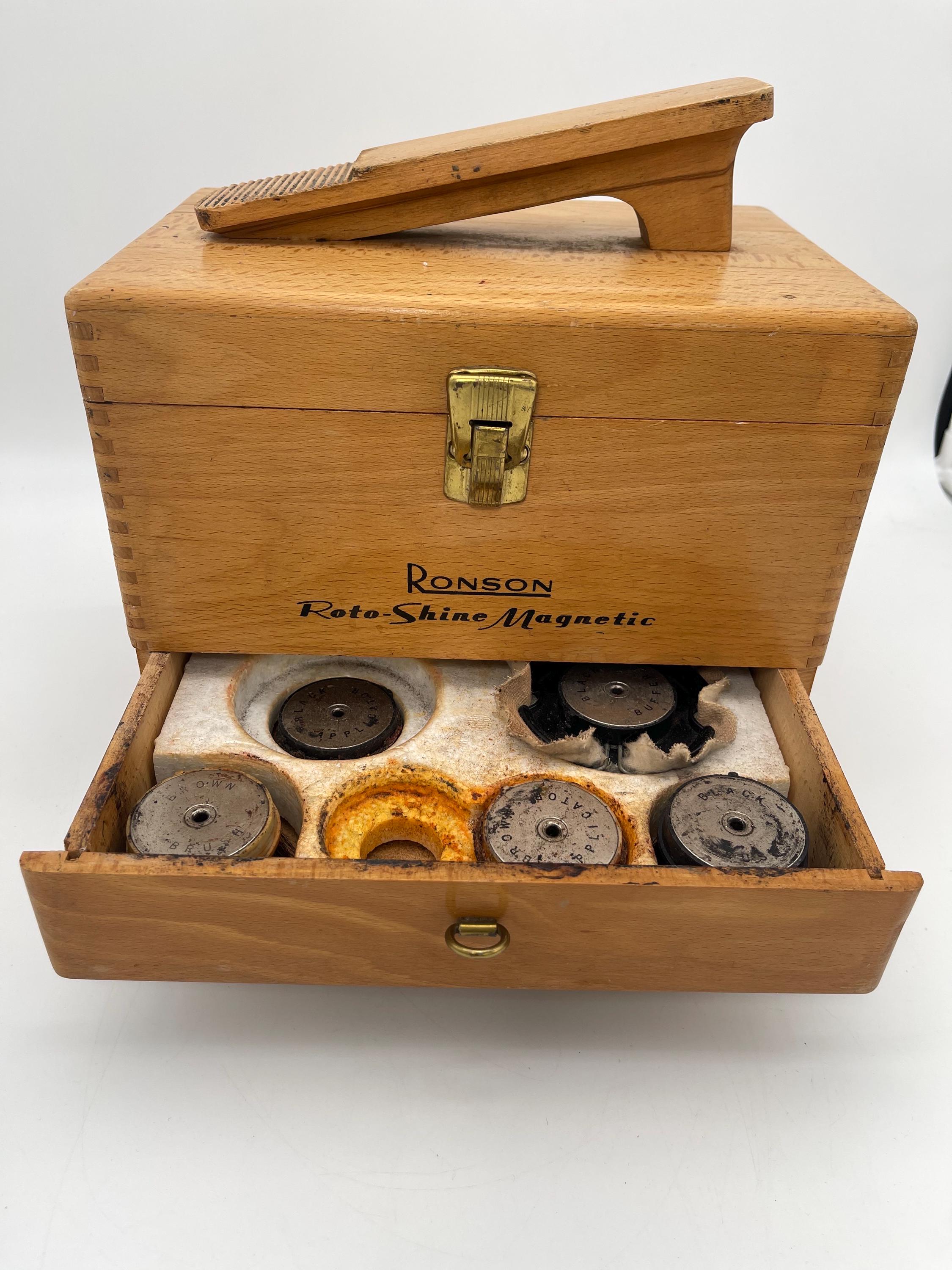 Vintage Ronson Roto Shine Wooden Shoe Shine Box With