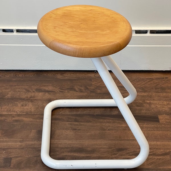Vintage white metal base with round wood top stool | 19 inches height | Vintage stool | tubular white base and wood top stool | wood stool