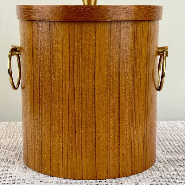 Classic Mid-Century modern Teak Wooden Ice Bucket with lid and Aluminum Liner + Gold-Tone metal knob and Handles || Vintage teak ice bucket