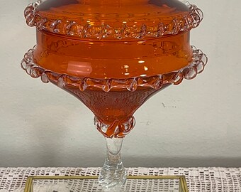 Vintage Tangerine lidded pedestal candy jar | vintage blown glass - applied filigree/lace glass jar | apothecary jar | vintage trinket