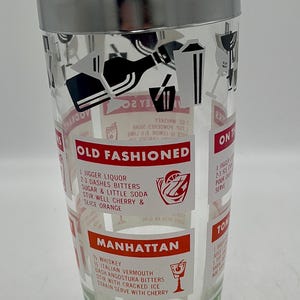 Vintage glass cocktail maker with printed recipes on glass | Martini cocktail shaker with metal lid & spout | Mid century cocktail shaker