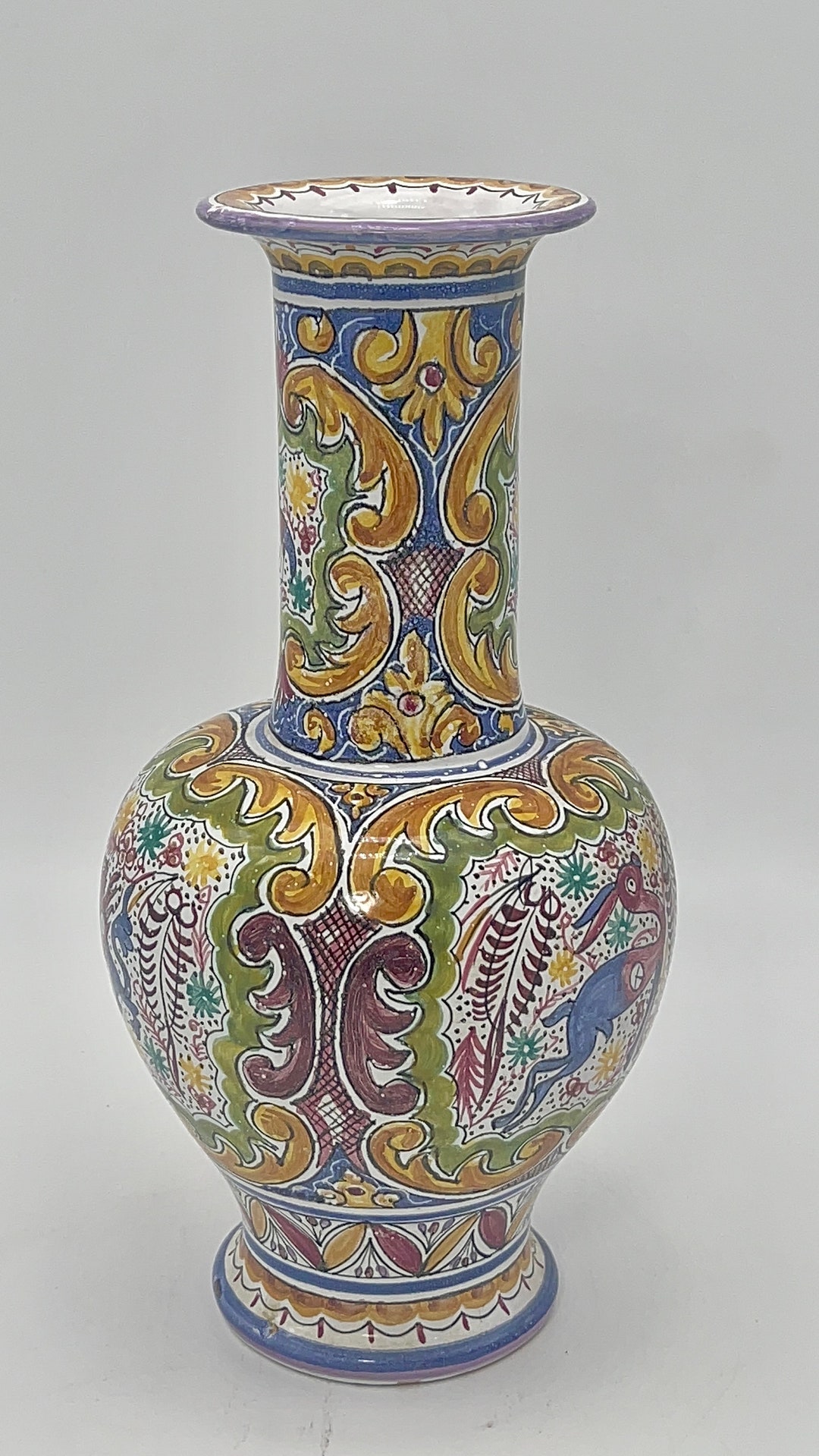 Vase Ancien Portugais En Céramique Peinte à La Main - Berardos - XVIIe? - Animaux Bleu