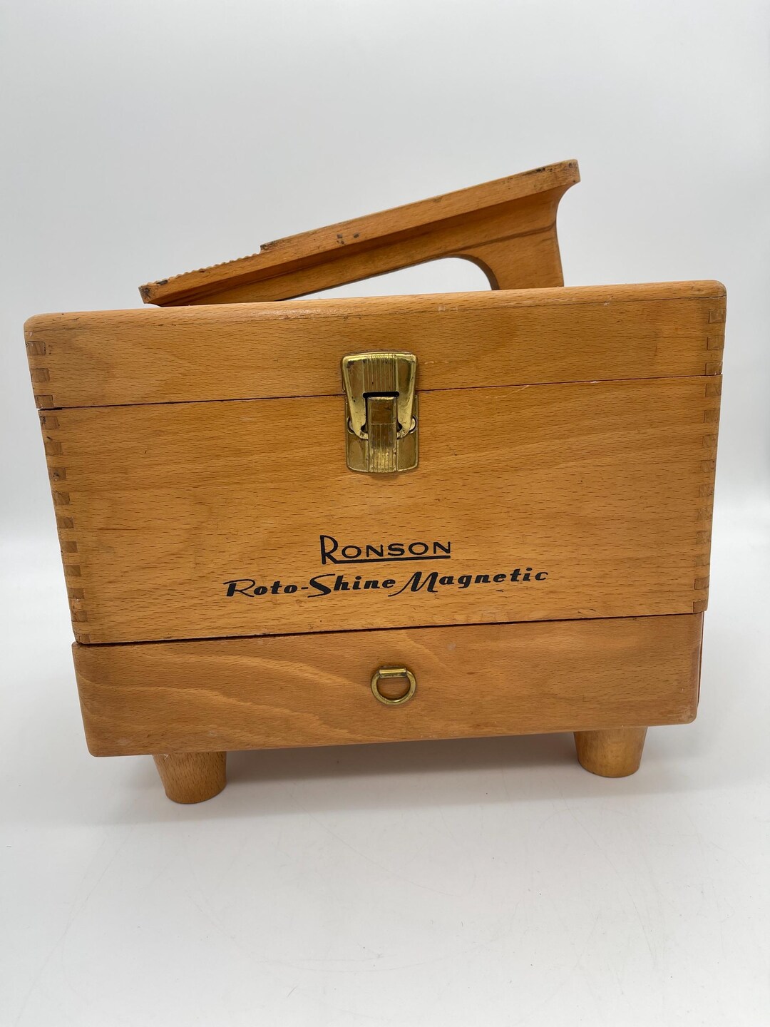 Vintage Ronson Roto Shine Wooden Shoe Shine Box With