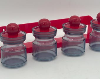 Vintage Red Mod Plastic Jar Set with Rack, Smoky Gray Bubble Lids, 1980s METRO Tinted Storage Jars