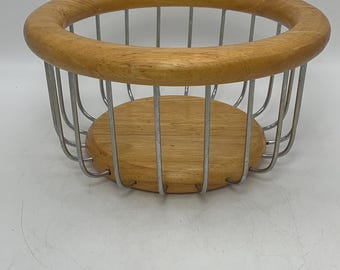 Vintage Wood Fruit Bowl with Silver Metal Cage