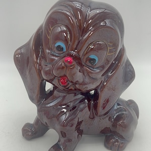 Vintage Namco Brown Hound Dog Figurine Big Blue Eyes Japan | Mid Century Mod dog figure sitting | animal figure dog | Ceramic tabletop dog