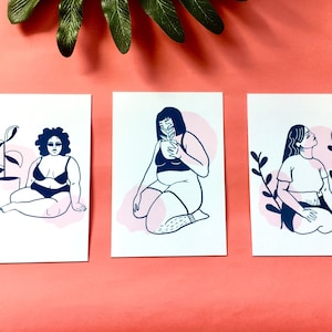 Corps positif Plante Dames Cartes postales A5 | Cadeaux d’amitié | Illustrations de taille plus | Illustrations de plantes | Art mural
