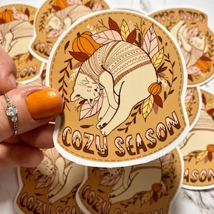 Pegatina de gato de temporada acogedora / Estética otoñal / Pegatina grande de vinilo para computadora portátil y teléfono / Bullet Journal
