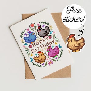 carte joyeux anniversaire poulet pixel | Broderie | Rosée des étoiles | Jeu rétro | 16 bits | Noyau du chalet | Jeux douillets