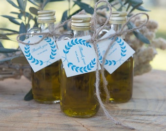 50 Unique Olive Oil Favors, Rosemary Infused, Greece Extra Virgin Olive Oil, Wedding, Bridal Shower Favors,Baftisml favors, Custom Labels.