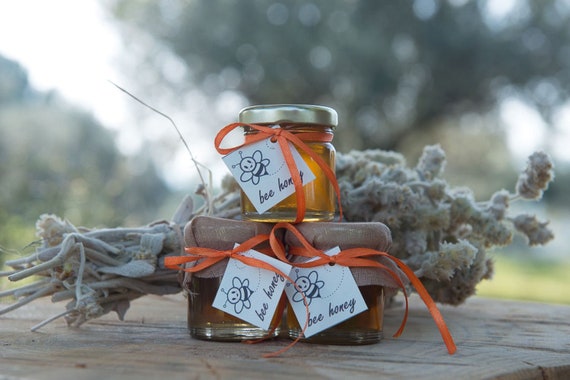 100 Mini Gläser unbeheizt Bio griechischen Wildblumen Honig, Baby-Dusche, Mädchen Taufe Geschenk, individuelle Etiketten, Hochzeit, einzigartige Honig-Geschenk