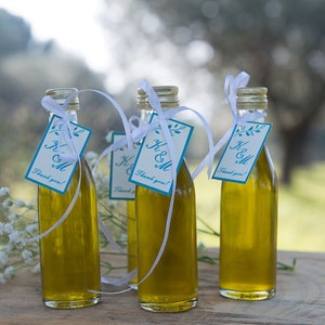 120 Mini botellas de vidrio griego BIO aceite de oliva virgen extra boda bftismo de ducha nupcial favores, hierbas infundidas, aceite de oliva EVOO, etiquetas personalizadas.