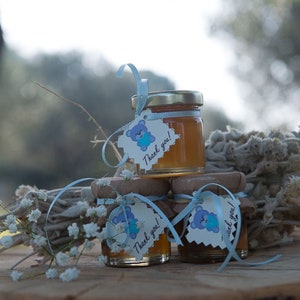 100 barattoli di vetro Fiori selvatici greci Bomboniere miele Miele Favori, Regalo bambino, Battesimo Bomboniere favori, Etichette personalizzate, Bomboniere miele.