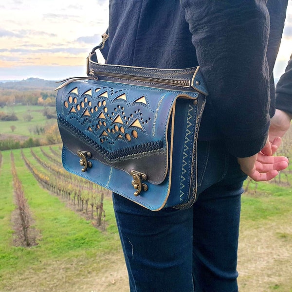 Sac besace cuir véritable bleu et noir