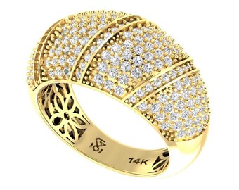 Solid 14K Gold Wide Pave Diamond Ribbed Dome Ring, 197 Real Natural Diamonds 1.77 TCW, Domed Ring, Cocktail Ring, Made in Israel