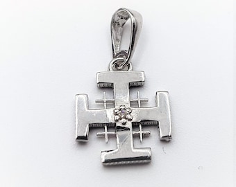 14K Jerusalem Cross Pendant, White Gold Cross Charm, Religious Charm Jewelry, Religious Cross Necklace, 14K Fine Gold Diamond Cross Pendant