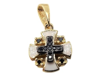 Jerusalem Cross Pendant Necklace, Solid 14K Yellow Gold, 13 Natural Black Diamonds 0.08 carat, Enamel Jewelry, Crusaders Cross Pendant