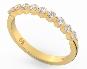 Floating Diamond Dot Band, 9 Real Natural Diamonds 0.39 TCW, Solid 14K Gold, Half Eternity Single Prong Wedding Band, Made in Israel