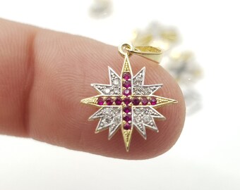 14K Yellow Gold Star of Bethlehem Cross Pendant with Rubies & Diamonds Dainty Cross