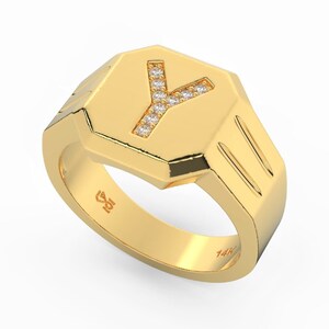 Anillo con sello de la letra Y en oro macizo de 14 quilates, 9 diamantes naturales auténticos de 0,06 quilates, anillo para el meñique personalizado, anillo de oro macizo, fabricado en Israel