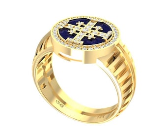 14K Gold Jerusalem Cross Ring, 57 Real Natural Diamonds 0.37 TCW, Crusader's Cross Ring, Enamel Ring, Men's Pinky Ring, Made in Israel