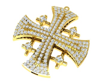 14K Gold Diamond JERUSALEM CROSS Pendant Necklace, 169 Natural Diamonds 2.2 TCW, Crusaders Cross Necklace, Jewish Jewelry