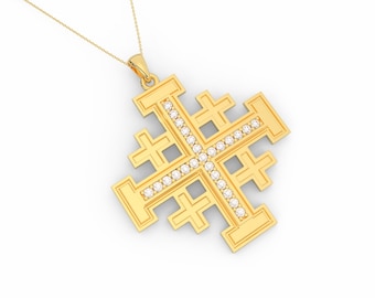 Jerusalem Cross Gold Pendant Necklace With 25 Natural Diamonds 0.27 Tcw, Solid 14K Gold, Cross Necklace, Symbolic Jewelry