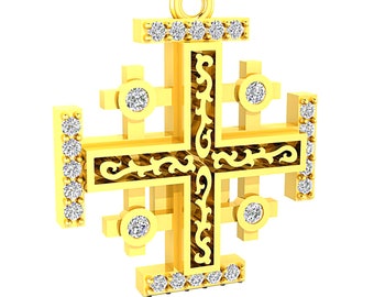 14K Gold Cross Pendant, Jerusalem Cross Necklace, 24 Natural Diamonds 0.16 TCW, Dainty Cross, Crusaders Cross Pendant, Hebrew Necklace
