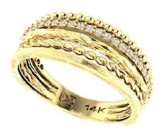 14K Gold Unique Multi Row Ring, 34 Real Natural Diamonds 0.25 TCW,  Multi-Band Ring, 5 Band Gold Ring, Thumb Ring, Made in Israel