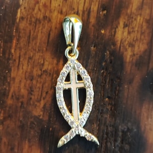 14K Yellow Gold Dainty Enamel Cross in Jesus Fish Pendant Necklace, 0.17 carat Fish Charm, Christian Jewelry, Handmade Jewelry