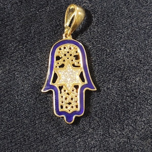 Gold Hamsa Pendant with Star of David Necklace Yellow Gold Enamel, 14K Gold Hebrew Necklace, Jewish Jewelry, Made In Israel